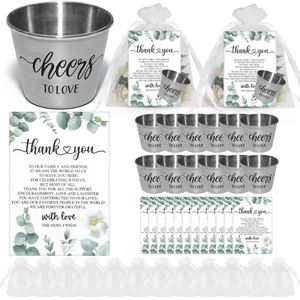 Cadeaux de fête pour la fête nuptiale : verres à shot en acier inoxydable de 1,5 oz et cartes de remerciement avec sacs en organza, faveurs de mariage - Product Image 1