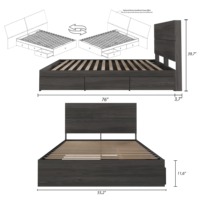 Cadre de lit moderne en bois d'ingénierie gris foncé, plateforme élégante, taille personnalisée (King, Queen, Full) avec 3 tiroirs de rangement