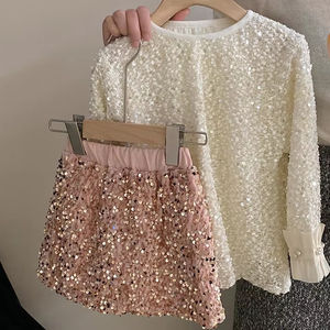 Nouvelle manchette de Style de fête élégante perlée <span class=keywords><strong>jupe</strong></span> à paillettes rose doux ensemble de vêtements pour filles pour enfants tenue - Product Image 4