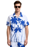 Vêtements de plage d'été en satin tricoté par sublimation de qualité supérieure, motif floral tropical bleu Hawaï, couleurs vives, résistants à la décoloration, vente en gros