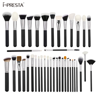 IPRESTA – Lot de 40 pinceaux de maquillage pour le visage, personnalisables avec logo, en poils naturels, manche en bois, tube en aluminium noir brillant – Vente en gros