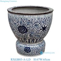 RXGB03-E-LD Bol à poissons en porcelaine bleu et blanc, peint à la main, avec glaçure craquelée, motif étang aux lotus et algues, avec support séparé assorti