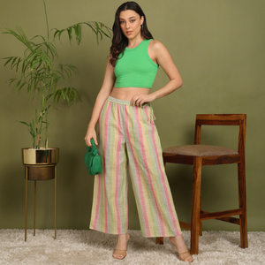 Pantalon palazzo rayé en coton artisanal pour femme, élégant, taille élastique, léger et respirant, idéal pour l'été - Product Image 1