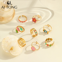 Bagues dorées colorées personnalisables en gros pour femmes, bijoux ajustables amusants, tendance, mignons, motif fleur et sourire, pour le quotidien, les cadeaux et les fêtes