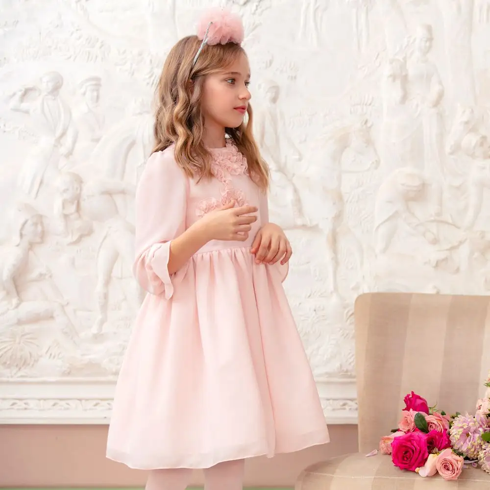 High quality custom tag pale pink chiffon flower party girl's dress
