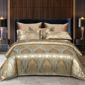 Jacquard Luxury Palace Floral Silk-like Bedding Sets Golden Retro European Style Duvet Cover Sets Queen King Size 4Pcs