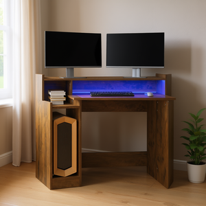 Bureau d'ordinateur rectangulaire en bois d'ingénierie de chêne moyen avec éclairage LED et rangement pour usage domestique ou professionnel - Product Image 2