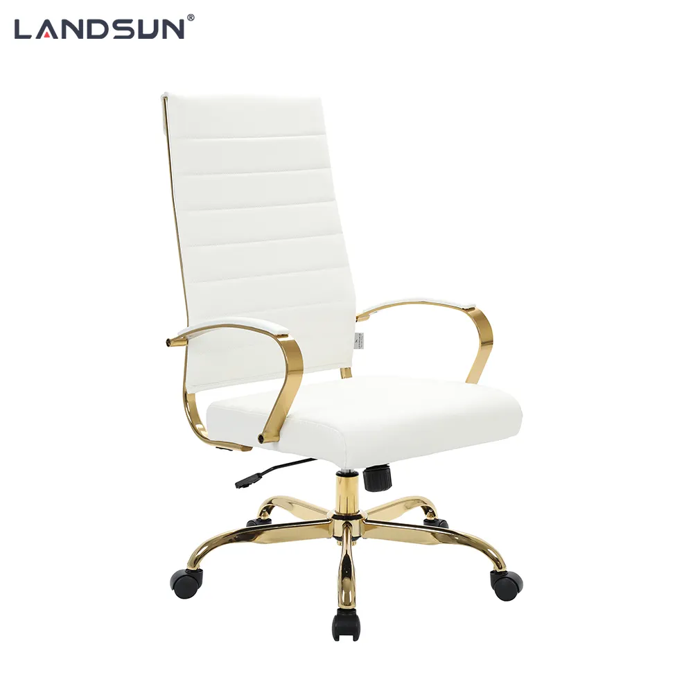 Вращающийся офисный стул из белой искусственной кожи с золотой хромированной металлической рамой