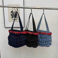 Bolso de mezclilla con volantes a la moda, bolso tote patchwork, bolsos de hombro para llevar bajo el brazo, lindos bolsos hobo con volantes, bolso de jean con correa para mujer