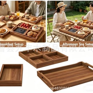 Jiufeng Solid Wood Serving <b>Trays</b> Rectangular With Compartments Handle For Home Tea Fruit <b>Dinner</b> Use - Product Image 1