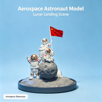 Maquette d'atterrissage lunaire d'astronaute avec combinaison spatiale blanche, casque doré, roche lunaire, drapeau rouge et base de scène