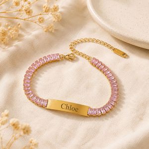<b>Custom</b> Engraved <b>Name</b> Stainless Steel Bar Bracelet Ladder Square Full Paved Rhinestone Plate Personalized Engraving Jewelry - Product Image 5