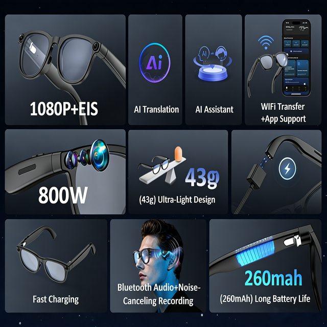 Gotodo Real-time Translation AI Smart Glasses Bar Design Android OIS 1080p Video Recording >7MP Camera for Music 260mAh