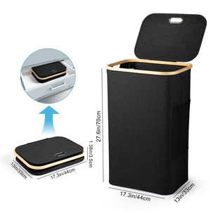 Cesto de Ropa Plegable de 100L con Tapa y Asa de Bambú, Cesto para Ropa Sucia, Organizador, 2 Bolsas Interiores Desmontables - Product Image 4