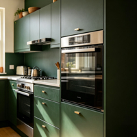 Meuble de cuisine ouvert en acier inoxydable vert foncé mat, îlot en bois massif, mobilier de cuisine moderne sur mesure, évier durable