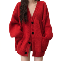 Cardigan en tricot ample à col en V pour femme, couleur unie décontractée mi-longue, collection printemps-automne, vêtements féminins transfrontaliers en gros