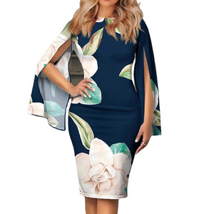 Dropshipping Shopify Plus Size Womens Floral Print Crew Neck 3/4 Sleeve Flare Sleeve <b>Midi</b> <b>Dress</b> Casual Summer - Product Image 1