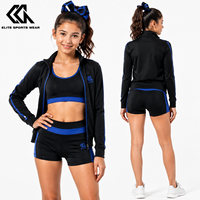 Ensemble d'entraînement de cheerleading haute élasticité en gros avec logo d'équipe personnalisé, soutien-gorge de sport, short et veste pour équipes de danse et de cheerleading