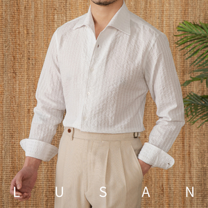 <span class=keywords><strong>Chemise</strong></span> décontractée d'été à manches longues pour hommes 100% <span class=keywords><strong>coton</strong></span> sergé respirant bulle <span class=keywords><strong>gaze</strong></span> légère luxe un col anti-boulochage caractéristique - Product Image 4