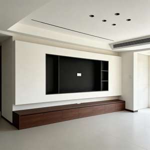 Meuble <span class=keywords><strong>TV</strong></span> mural moderne minimaliste en bois de noyer et MDF blanc <span class=keywords><strong>avec</strong></span> tiroirs, étagères ouvertes et <span class=keywords><strong>niche</strong></span> <span class=keywords><strong>TV</strong></span> pour salon - Product Image 2