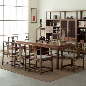 Mesa de Té de Madera de Olmo Estilo Chino, 40 mm de Grosor, Grado E0, Móvil, para Sala de Estar u Oficina - Product Image 2