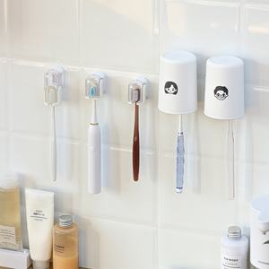 <span class=keywords><strong>Wall</strong></span>-Mounted Household <span class=keywords><strong>Toothbrush</strong></span> Titular Ventosa Pull Design PC Material Cinza Prova para Banheiro Cozinha Armazenamento Organizer - Product Image 5