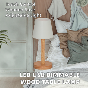 Modern LED USB Desk & Bedside <b>Lamp</b> Creative Wood Base with Fabric Shade Dimmable & <b>Remote</b> <b>Control</b> for Night Reading - Product Image 3