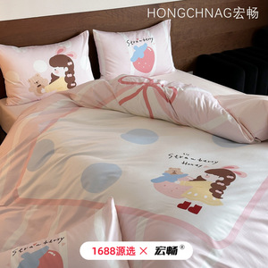 Cute Cartoon 100S <b>Satin</b> Long Staple Cotton Four Piece Set Breathable Duvet Cover <b>Sheet</b> Set For Bedding - Product Image 5