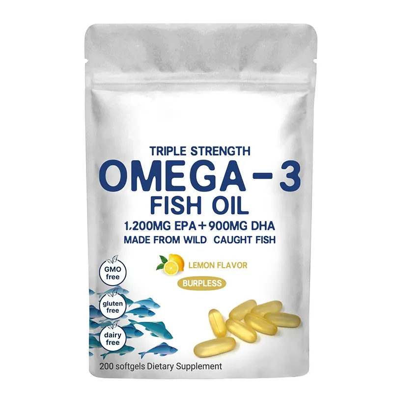 Lemon Flavored Enteric-Coated EPA 1200mg + DHA 900mg Deep Sea Fish Triple Strength Omega 3 Fish Oil Supplements 3000mg Softgels