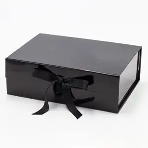Caixas de presente dobráveis pretas de laminação brilhante de embalagens da empresa personalizada com fita