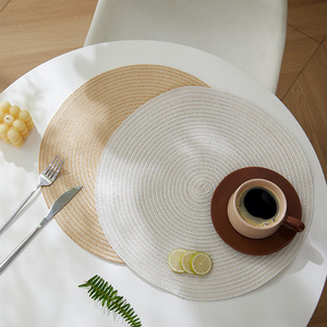 <b>Round</b> Woven Placemats Beige Light Off <b>White</b> Solid Color Waterproof <b>Table</b> Mats For Nordic Style Dining - Product Image 1