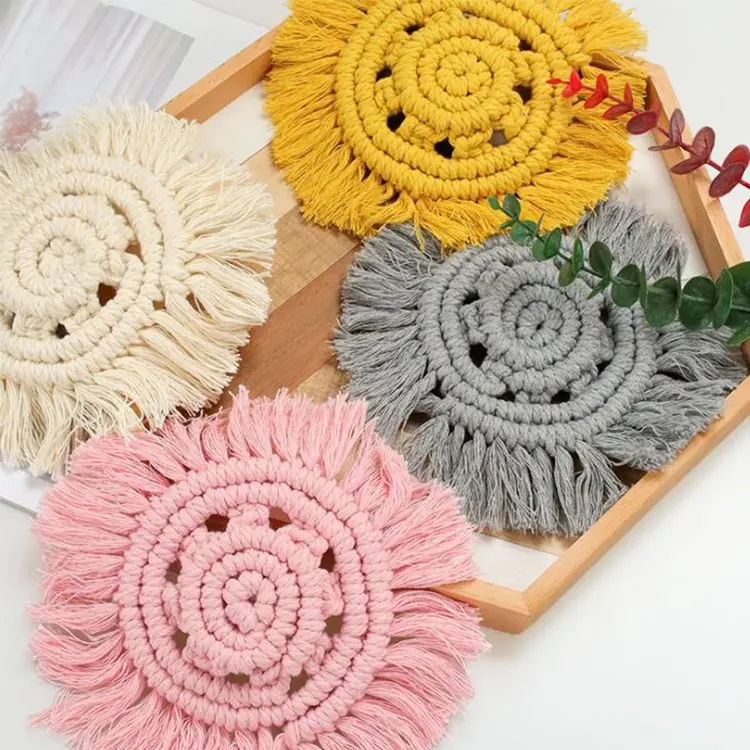 Hand-woven 100% Cotton Cork Coaster Heat Insulating Macrame Coaster/
