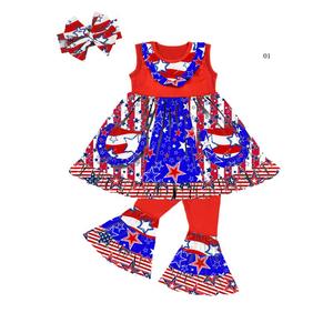 Conjuntos de Ropa para Niñas a la Moda para el 4 de Julio, Vestido Tipo Camiseta sin Mangas y Pantalones de Campana, Conjunto Infantil para Niñas - Product Image 1