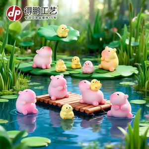 Figurines miniatures de capybara et de canard en résine rose et jaune, décoration artisanale pour voiture, bureau, jardin - Product Image 1