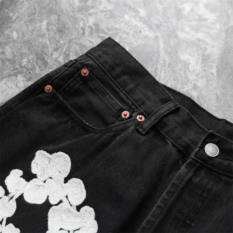 Custom Heavy Craft Full Embroidery Patch Jeans Washed Men's And Mens Black Denim Pants
