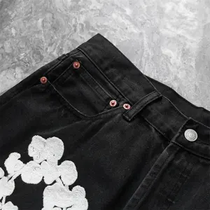 Pantalones vaqueros con parche bordado completo de artesanía pesada personalizados pantalones vaqueros negros lavados para hombres y hombres