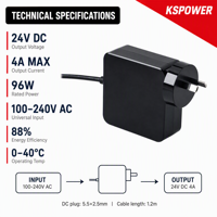 Adaptor Daya 24V 4A 96W AC DC, Colokan DC 5.5x2.5mm, Catu Daya Switching Persegi 100-240V untuk Lampu LED Strip dan Kamera CCTV