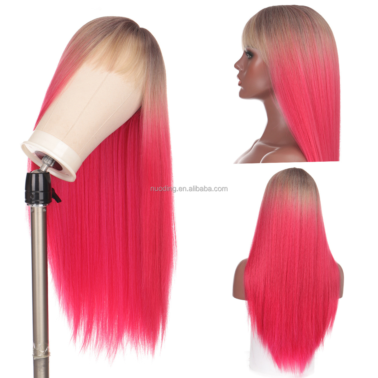 Popular 28inch non lace straight wigs fringe bangs wigs heat resistant fiber ombre pink brown synthetic hair extension wig
