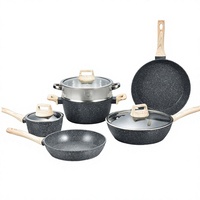 Batterie de cuisine en pierre médicale 12 pièces, antiadhésive, compatible induction, avec couvercles en verre et poignées en bois, pour la cuisine domestique
