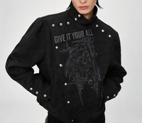 Veste de scène personnalisée avec imprimé ange gothique, rivets croisés, col montant, noire, coupe oversize, style streetwear pour hommes et femmes