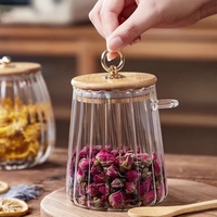 M toples penyimpanan makanan kaca borosilikat tinggi kualitas tinggi dengan tutup kayu bentuk kaleng logam untuk penyimpanan kacang madu