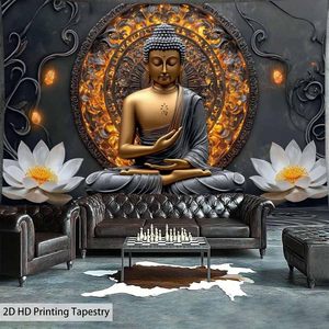 Bouddha blanc méditation tenture murale psychédélique Zen Art tapisserie avec fleur Halloween décor bouddhiste Statue Stock - Product Image 3