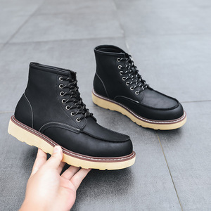 Bottes à lacets en cuir noir à bout rond avec semelle extérieure en caoutchouc, semelle intermédiaire EVA antidérapante, livraison directe - Product Image 1