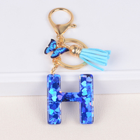Nouveau porte-clés en forme de cœur avec franges bleues en forme de papillon, pendentif lettre à paillettes 26 lettres pour femmes