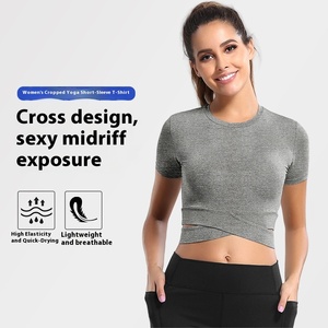 Phụ nữ thể thao Slim chéo T-Shirt thoáng khí nhanh chóng làm khô tập thể dục hàng đầu rốn tiếp xúc với Yoga mặc chạy Ngắn Tay Áo cộng với kích thước - Product Image 2