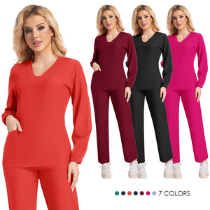 Women's V-Neck Long Sleeve <b>Scrub</b> Set Moisture Wicking Split Uniform Hospital Workwear Red - Product Image 3
