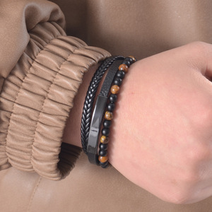 Men's Multi-layer <b>Leather</b> <b>Bracelet</b> With Tiger Eye Beads Stainless Steel Buckle 7.5 8.5 9 Inches Gift Jewelry - Product Image 2