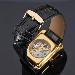 Ganador SLZa62 mecánico de los hombres mano sinuoso <span class=keywords><strong>reloj</strong></span> antiguo hombre esqueleto de oro cuadrado Dial correa de cuero Relojes - Product Image 6