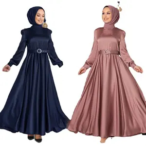 New Design Solid Color Satin Round Neck Long Sleeve Slim Fit With Satin Belt Zipper Maxi Islamic Clothing Women Muslim Dress