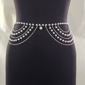 Cadena de cintura de perlas estilo europeo americano, cadena dorada de perlas de imitación, cadena corporal de un solo lazo para fiestas, joyería de moda. - Product Image 2